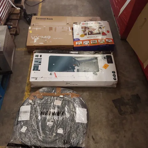 PALLET OF ASSORTED ITEMS INCLUDING: SMART GLASS PANEL HEATER, ASUS MONITOR, DANCE MAT, GARMENT RACK, PHOTO BOOTH BACKGROUND ECT