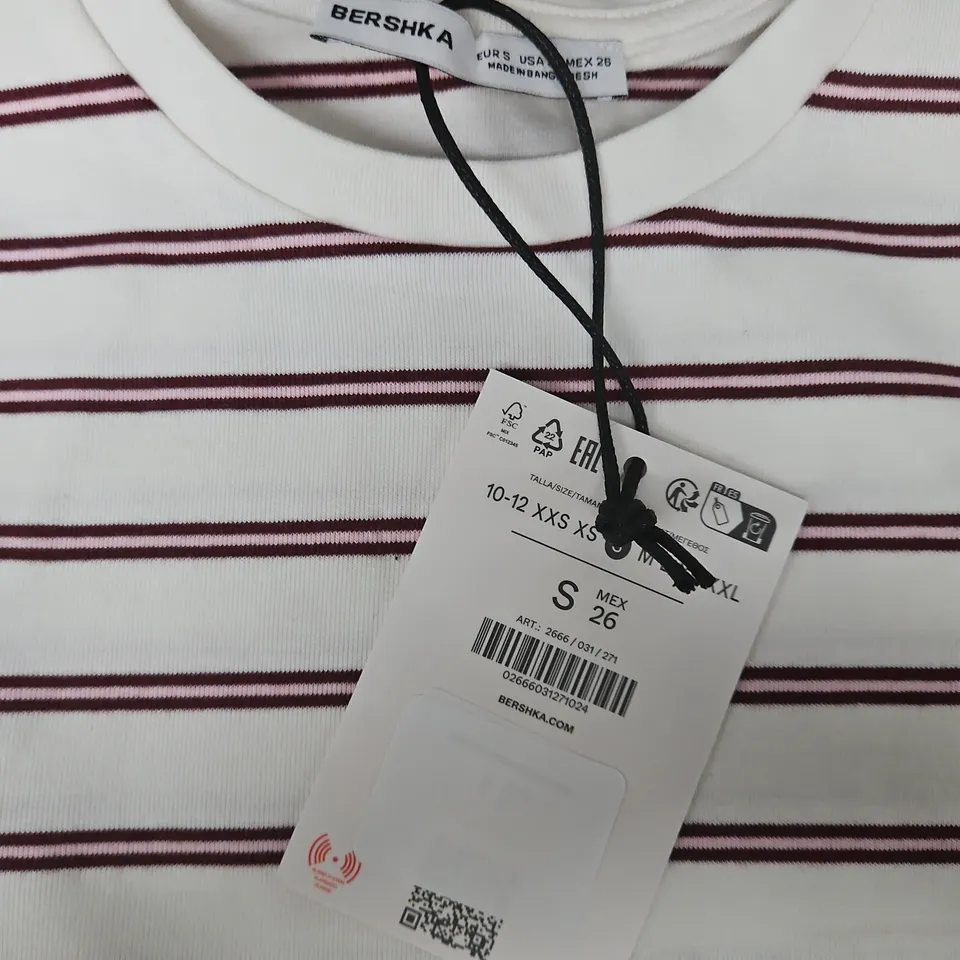 BERSHKA STRIPED T‑SHIRT, WHITE WITH BURGUNDY STRIPES, SIZE S (UK 10-12)