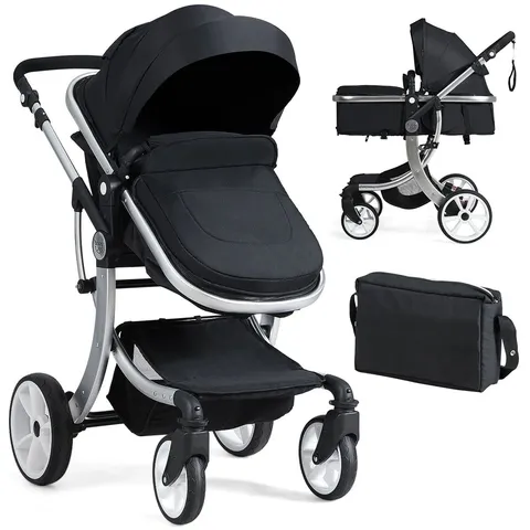 BOXED 2 IN 1 FOLDABLE BABY STROLLER WITH RAIN COVER - BLACK