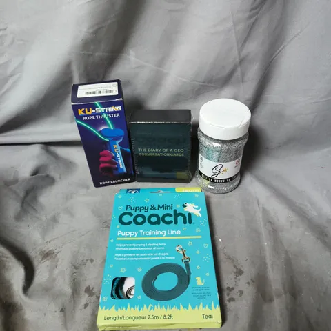 APPROXIMATELY 15 ASSORTED HOUSEHOLD ITEMS TO INCLUDE KU-STRING ROPE THRUSTER, TUB OF SILVER GLITTER AND PUPPY & MINI TRAINING LINE