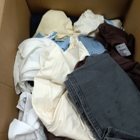 BOX OF APPROXIMATELY 30 ASSORTED CLOTHING ITEMS IN VARIOUS STYLES , COLOURS AND SIZES 