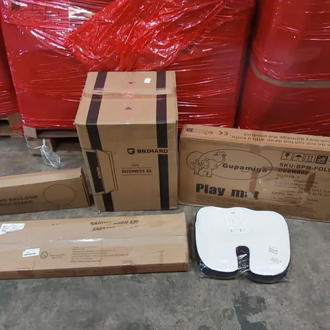 PALLET OF ASSORTED CONSUMER PRODUCTS TO INCLUDE: BUSINESS XL SAFE, PLAY MAT, BALLOON ARCH STANDS, CUSHION ECT