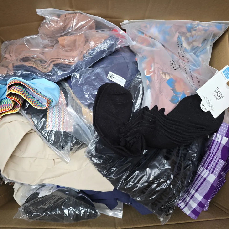 APPROXIMATELY 35 ASSORTED CLOTHING ITEMS IN VARIOUS SIZES, STYLES & COLOURS TO INCLUDE DRESSES, TOPS, SOCKS, ETC - COLLECTION ONLY