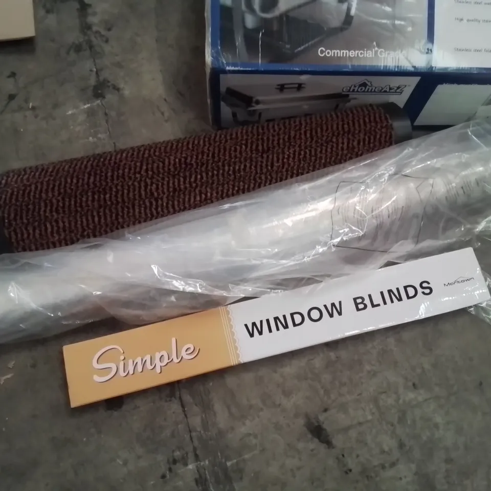 PALLET OF ASSORTED PRODUCTS, INCLUDING, FOLDING BUFFET CHAFER, PRESSURE WASHER SURFACE CLEANER, REFLECTIVE FOIL, WINDIW BLINDS, WASHABLE MAT.