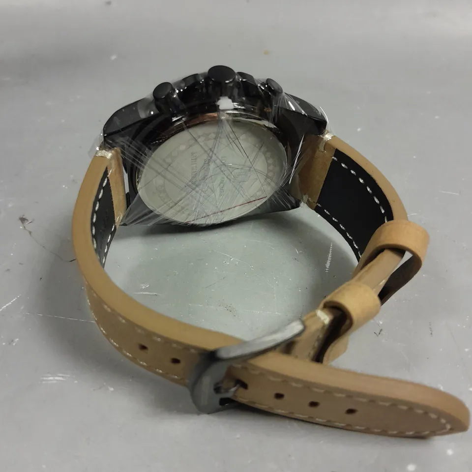 MENS LOUIS LACOMBE CHRONGRAPH WATCH – 3 SUB DIALS – BLACK CASE – LEATHER STRAP