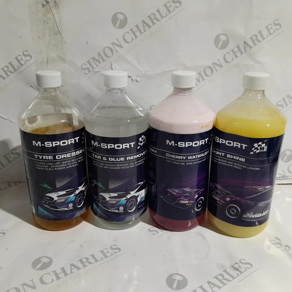 APPROXIMATELY 18 ASSORTED M-SPORT VECHICLE CLEANING PRODUCTS TO INCLUDE COCKPIT SHINE, CHERRY WATERLESS WASH AND WAX, TAR AND GLUE REMOVER, TYRE DRESSING ETC.