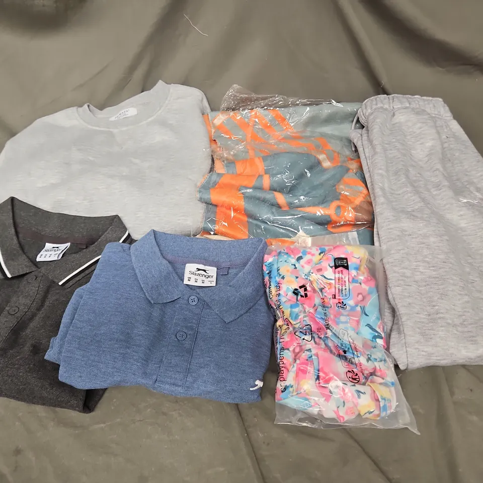 BOX OF APPROXIMATELY 20 ASSORTED CLOTHING ITEMS TO INCLUDE TOPS, JUMPER, POLO, JOGGERS, ETC