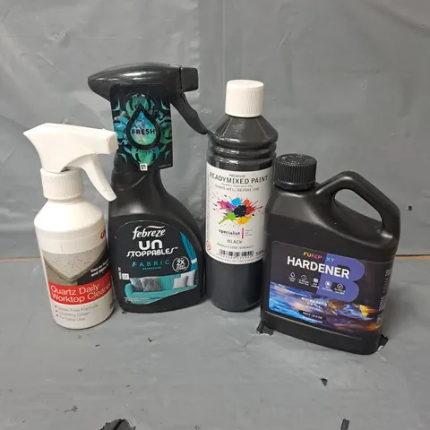 APPROXIMATELY 15 HOUSEHOLD LIQUIDS TO INCLUDE FEBREZE UNSTOPPABLES, READY MIXED PAINT AND WORKTOP CLEANER