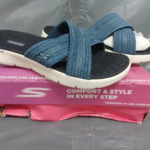 BOXED PAIR OF SKECHERS GO WALK SLIDE SANDALS IN BLUE SIZE 6