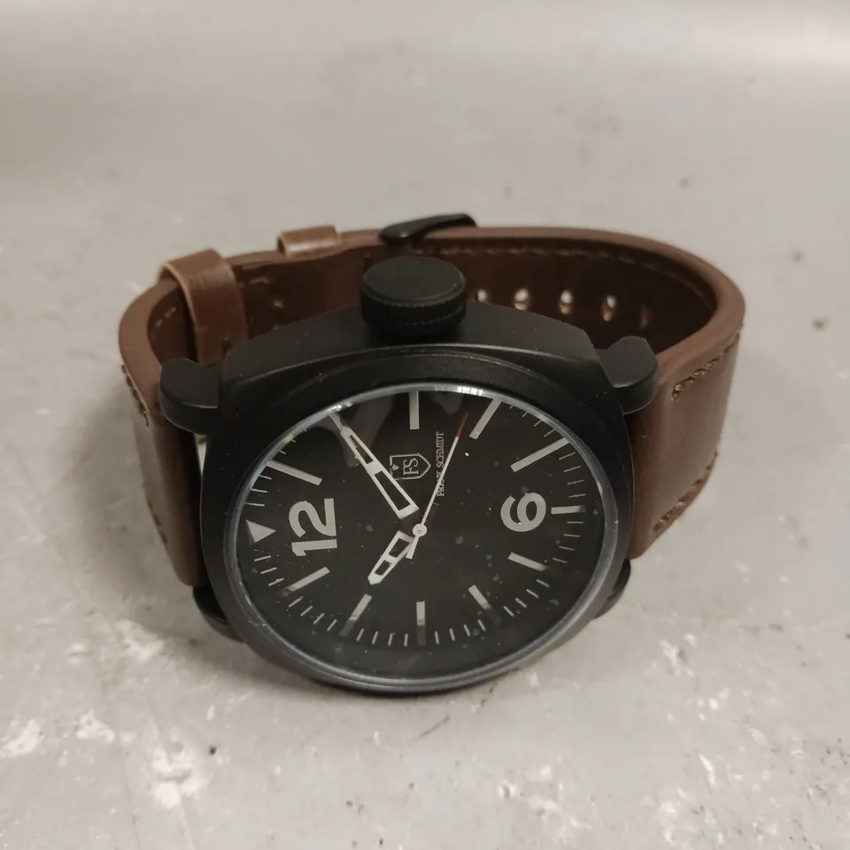 MENS FRANK SCHMIDT WATCH – LARGE BLACK CASE – BLACK PILOT DIAL – BROWN LEATHER STRAP