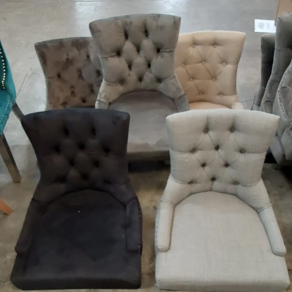 5X ASSORTED UPHOLSTERED FABRIC DINING CHAIRS - COLOURS VARY, OAK LEGS PRESENT IN BOXES