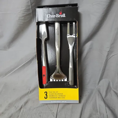 CHAR-BROIL 3-PIECE BBQ TOOL SET – SPATULA, FORK & TONGS IN ORIGINAL BOX (COMFORT GRIP)