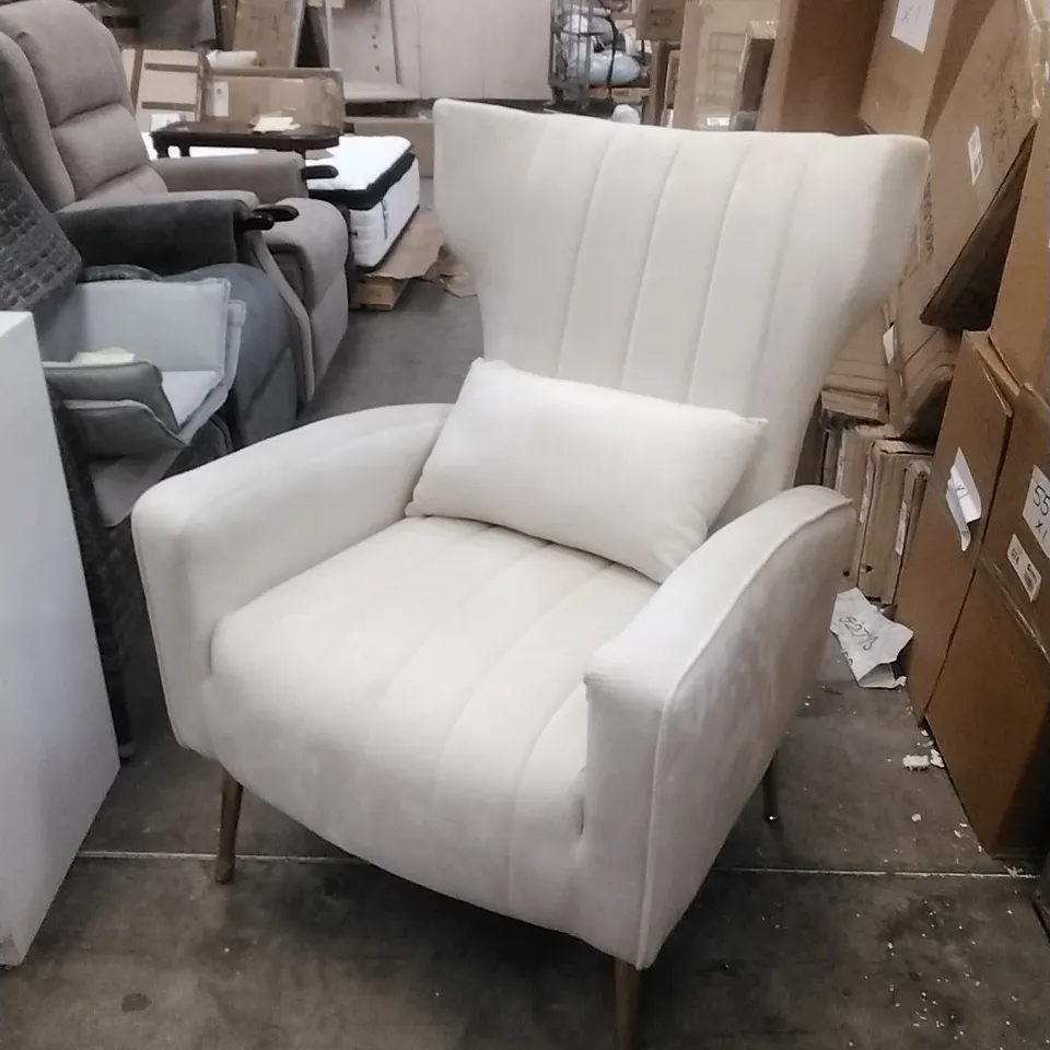 VELVET WINGBACK ACCENT CHAIR WITH PLUSH CUSHIONING, METAL LEGS, AND LUMBAR PILLOW - BEIGE 