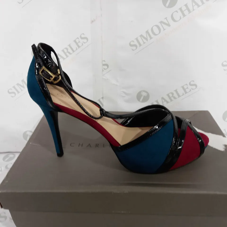 BOXED PAIR OF CHARLES KEITH FAUX SUEDE OPEN TOE STILETTO HEELS - TEAL/RED - EU 37