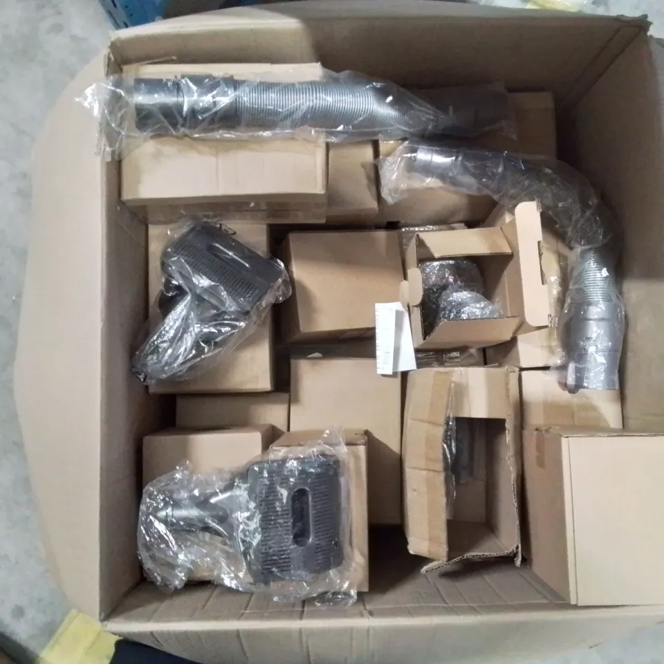 A BOX OF VARIOUS VACUM CLEANER ACCESSORIES AND ATTACHMENTS