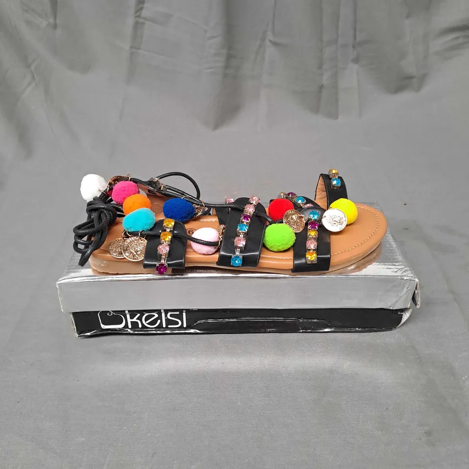 BOX OF APPROXIMATELY 12 PAIRS OF KELSHI EMBELLISHED SANDALS IN BLACK - VARIOUS SIZES 