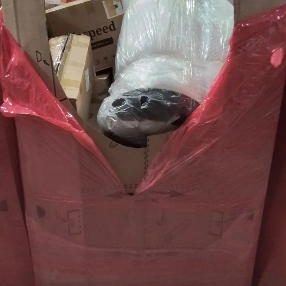 PALLET CONTAINING VARIOUS ASSORTED BOXED HOUSEHOLD ITEMS TO INCLUDE: PORTABLE CLOSETS, TOILET RISER HANDLES, SPACE HEATER, STAND MIXER, WRAPPED MATTRESS AND LOTS MORE UNMARKED BOXED ITEMS 