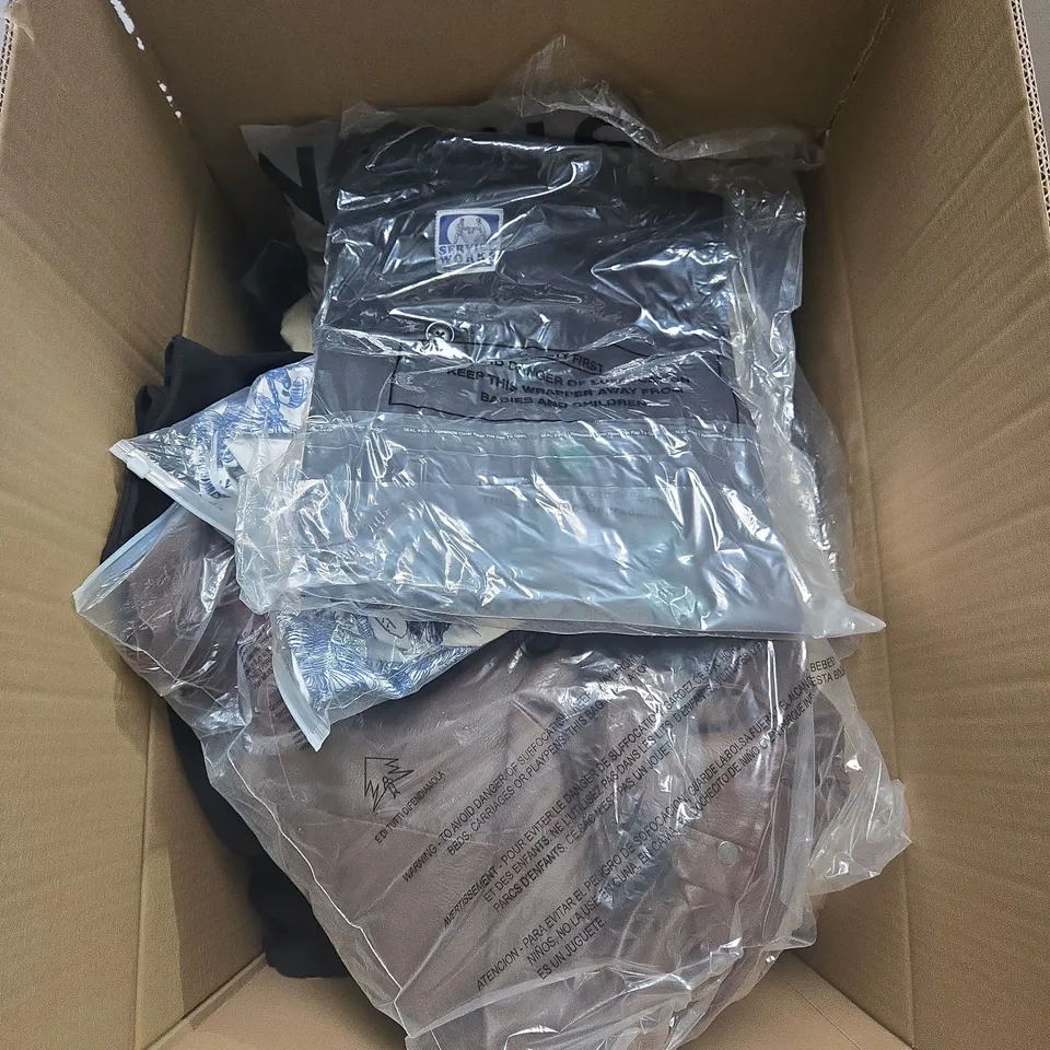 LARGE BOX OF ASSORTED CLOTHING ITEMS IN VARIOUS SIZES, STYLES AND COLOUR 