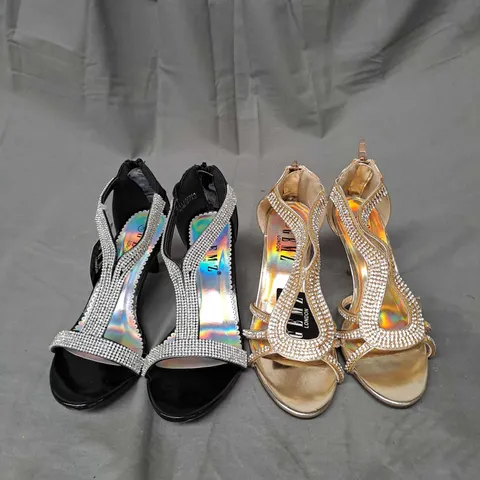 BOX OF APPROXIMATELY 10 PAIRS OF DIAMANTE HEELS IN VARIOUS COLOURS AND SIZES