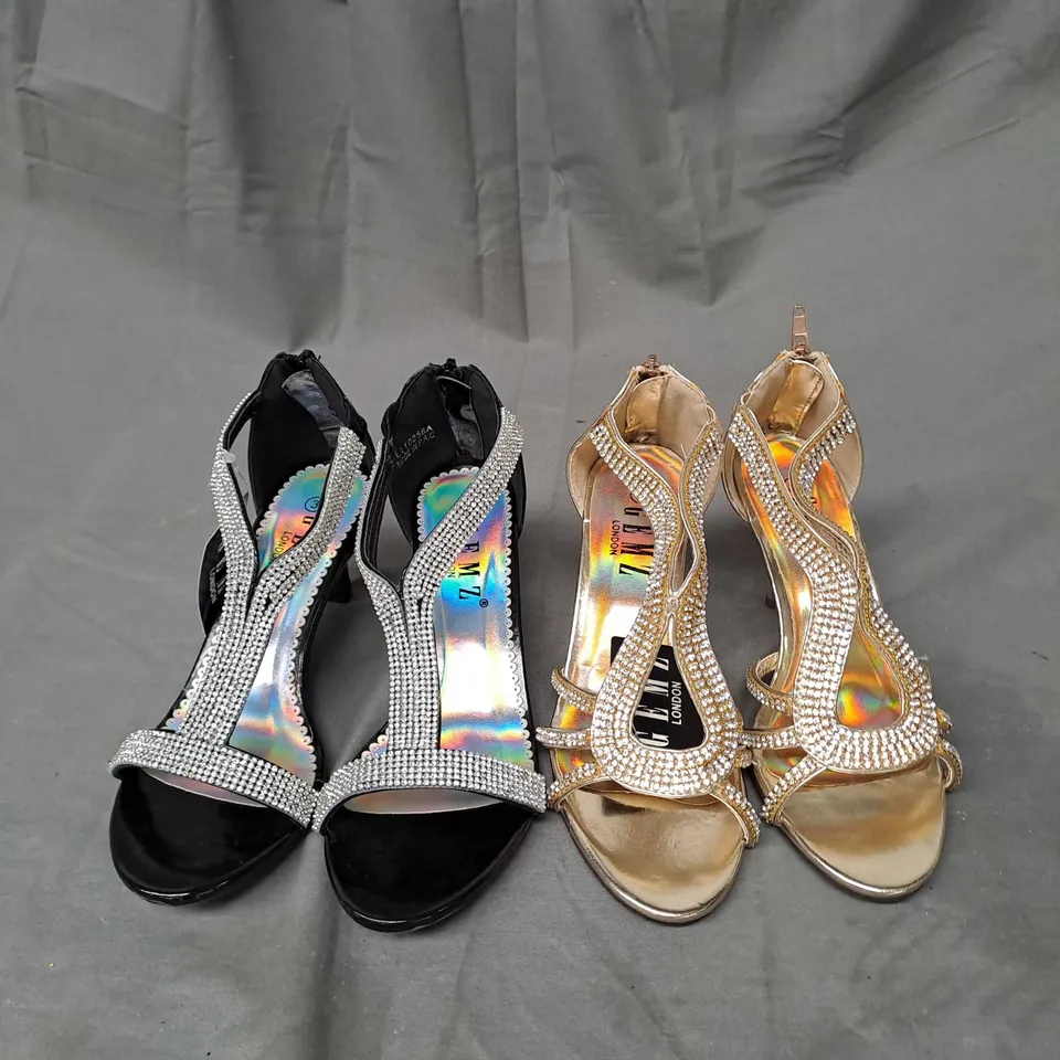 BOX OF APPROXIMATELY 10 PAIRS OF DIAMANTE HEELS IN VARIOUS COLOURS AND SIZES