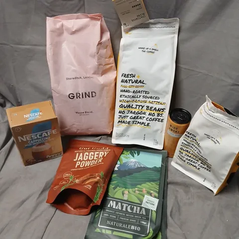 APPROXIMATELY 8 ASSORTED FOOD & DRINK ITEMS TO INCLUDE GRIND HOUSE BLEND WHOLE BEAN, NATURALEBIO MATCHA, JAGGERY POWDER, ETC - COLLECTION ONLY