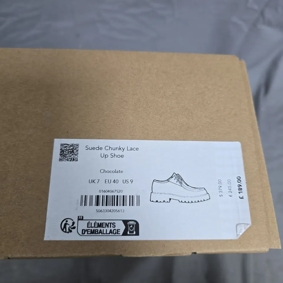 BOXED PAIR OF WHISTLES SUEDE CHUNKY LACE-UP SHOE – CHOCOLATE, UK 7