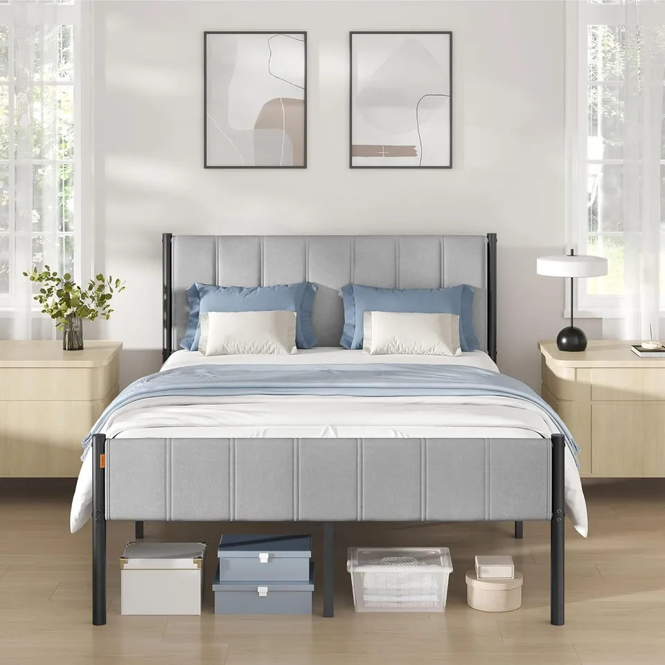 BOXED VASAGLE DOUBLE BED FRAME, 135 X 190 CM, WITH UPHOLSTERED HEADBOARD, METAL BED FRAME, 500 KG WEIGHT CAPACITY, EASY ASSEMBLY, DOVE GREY