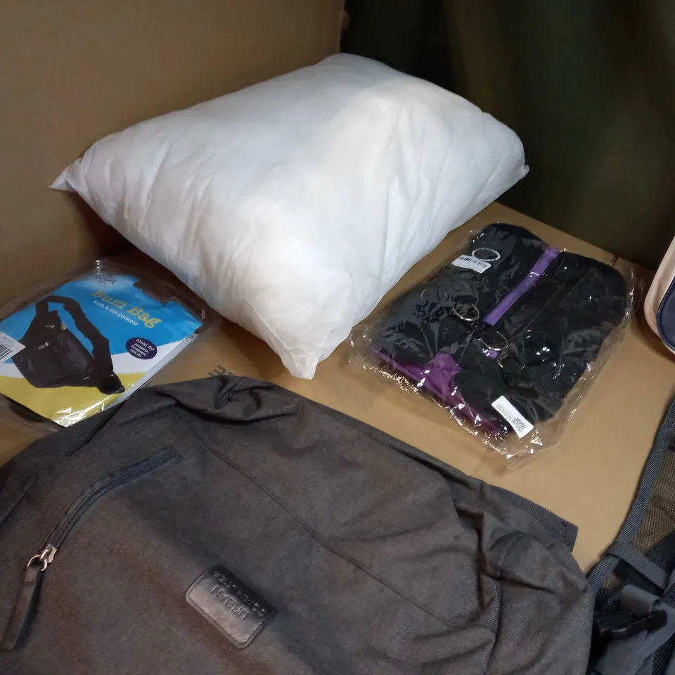 LARGE BOX OF APPROXIMATELY 15 ASSORTED HOUSEHOLD ITEMS TO INCLUDE: BAGS, DOG COAT, CUSHION