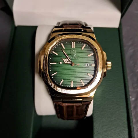 FRANK SCMIDT GREEN DIAL GENTS WATCH WITHSTAINLESS STEELLBACK AND BROWN LEATHER STRAP IN GIFT BOX