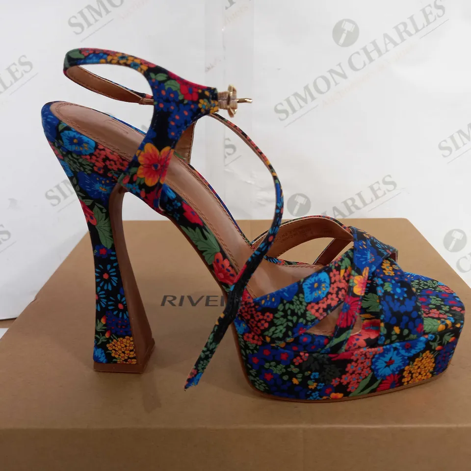 BOXED PAIR OF RIVER ISLAND JACKO OPEN TOE FLORAL RAISED HEELS - UK 5