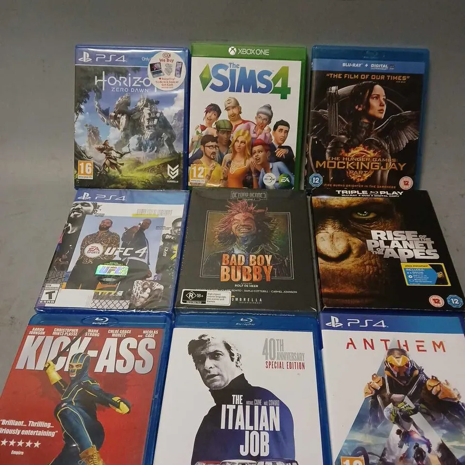 APPROXIMATELY 24 ASSORTED DVDS & GAMES TO INCLUDE THE SIMS 4 (PS4), THE ITALIAN JOB 40TH ANNIVERSARY SPECIAL EDITION (BLU-RAY), UFC 4 (PS4), ETC