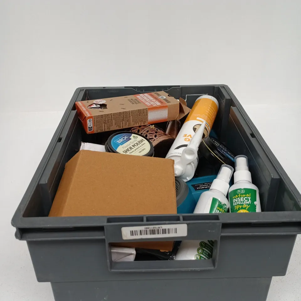 TOTE OF APPROXIMATELY 15 ASSORTED ITEMS TO INCLUDE DIGITAL DISPLAY FAN, SHOE POLISH, INSECT REPELLENT, COVING ADHESIVE ETC