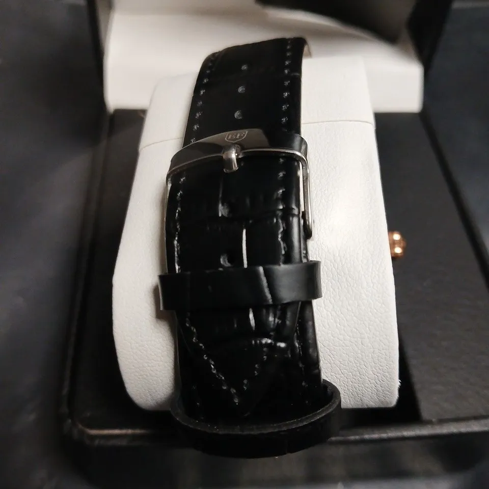 ERNEST FERDINAND EF QUARTZ WRISTWATCH – ROSE GOLD TONE CASE, BLACK LEATHER STRAP (BOXED)