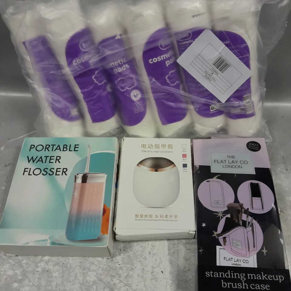 APPROXIMATELY 8 ASSORTED HEALTH & BEAUTY PRODUCTS TO INCLUDE MAKE UP BRUSH CASE, PORTABLE WATER FLOSSER, COSMETIC PADS ETC  