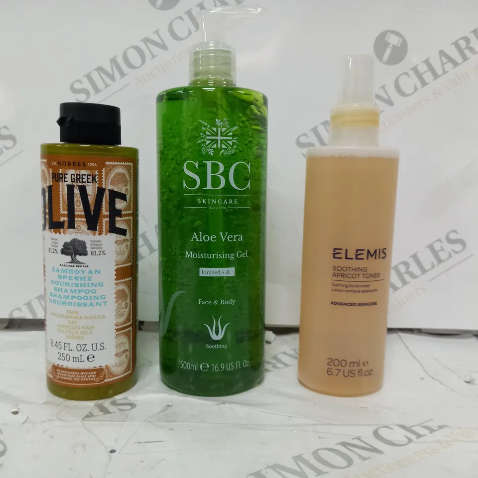 3 ASSORTED PRODUCTS INCLUDING SBC ALOE VERA MOISTURISING GEL, PURE GREEK OLIVE SHAMPOO, ELEMIS SOOTHING APRICOT TONER