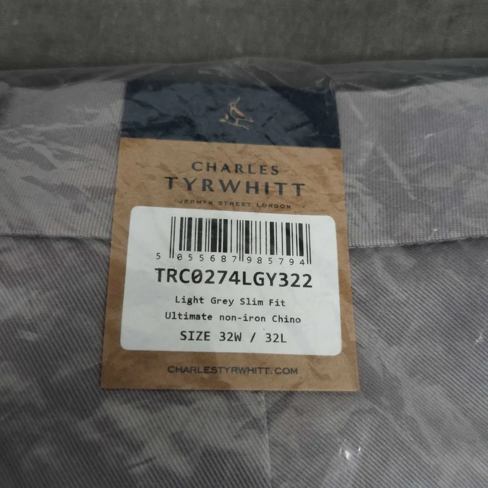 CHARLES TYRWHITT LIGHT GREY SLIM FIT ULTIMATE NON-IRON CHINO TROUSERS – 32W X 32L