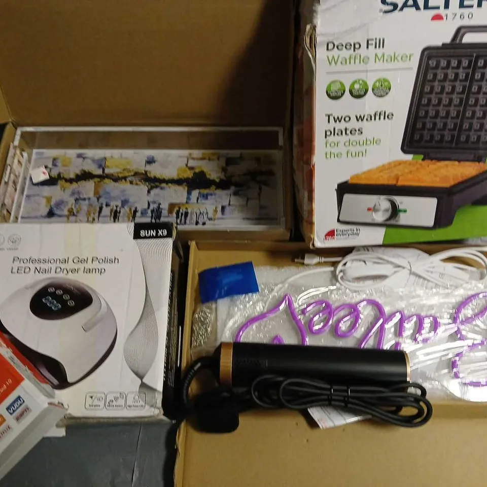 LOT OF ASSORTED HOUSEHOLD ITEMS TO INCLUDE BAILEE NEON LIGHT, LED NAIL DRYER, Q6TV STICK AND MOUSE AND KEYBOARD KIT