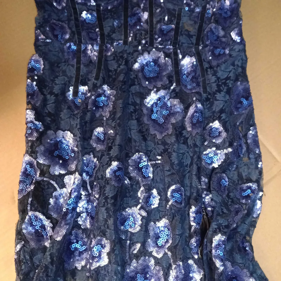 DESIGNER SHEER CORSET BLUE NET/SEQUIN DETAILED STATEMENT DRESS - MEDIUM