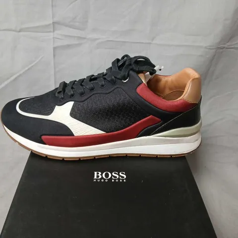HUGO BOSS SNEAKERS – BLACK WITH WHITE TRIM AND BURGUNDY ACCENTS, MEN'S EU40 (UK6 / US7) 