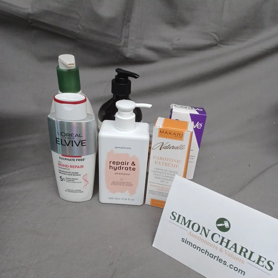 TOTE OF ASSORTED COSMETIC ITEMS TOO INCLUDE , SHAMPOO , SERUM , SUN LOTION , ETC 