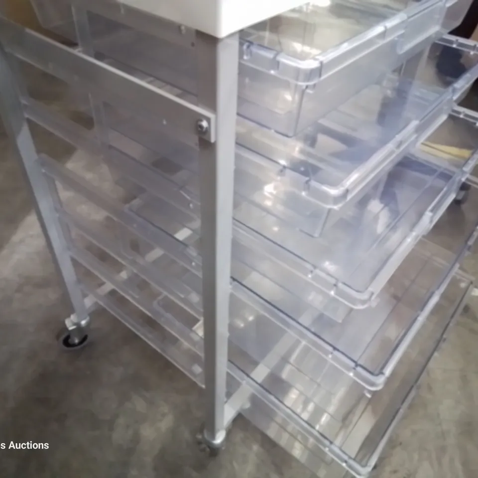 METAL FRAMED TROLLEY WITH FIVE GRADUATED CLEAR PLASTIC TRAYS