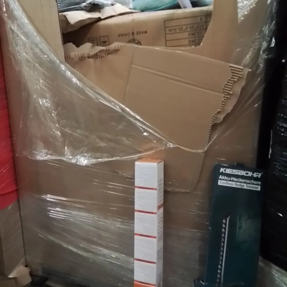 PALLET OF ASSORTED HOUSEHOLD GOODS AND PRODUCTS TO INCLUDE;RETRACTABLE SAFETY GATE,HEDGE TRIMMER,POPUP TENT