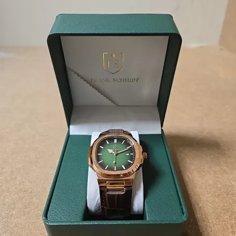 FRANK SCHMIDT WRISTWATCH – ROSE GOLD TONE CASE, GREEN DIAL, BROWN LEATHER STRAP