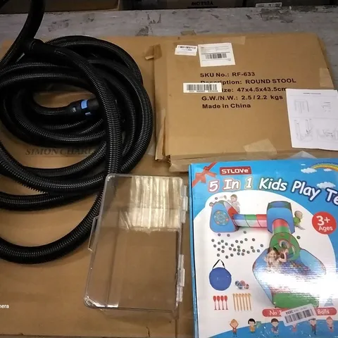 PALLET OF ASSORTED ITEMS TO INCLUDE 5 IN 1 KIDS PLAY TENT, STACKABLE BOXES , ROUND STOOL, VACUUM TUBE