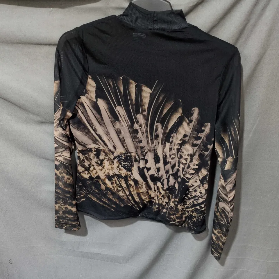 MINT VELVET BLACK FEATHER PRINT LONG-SLEEVE TOP, SIZE M