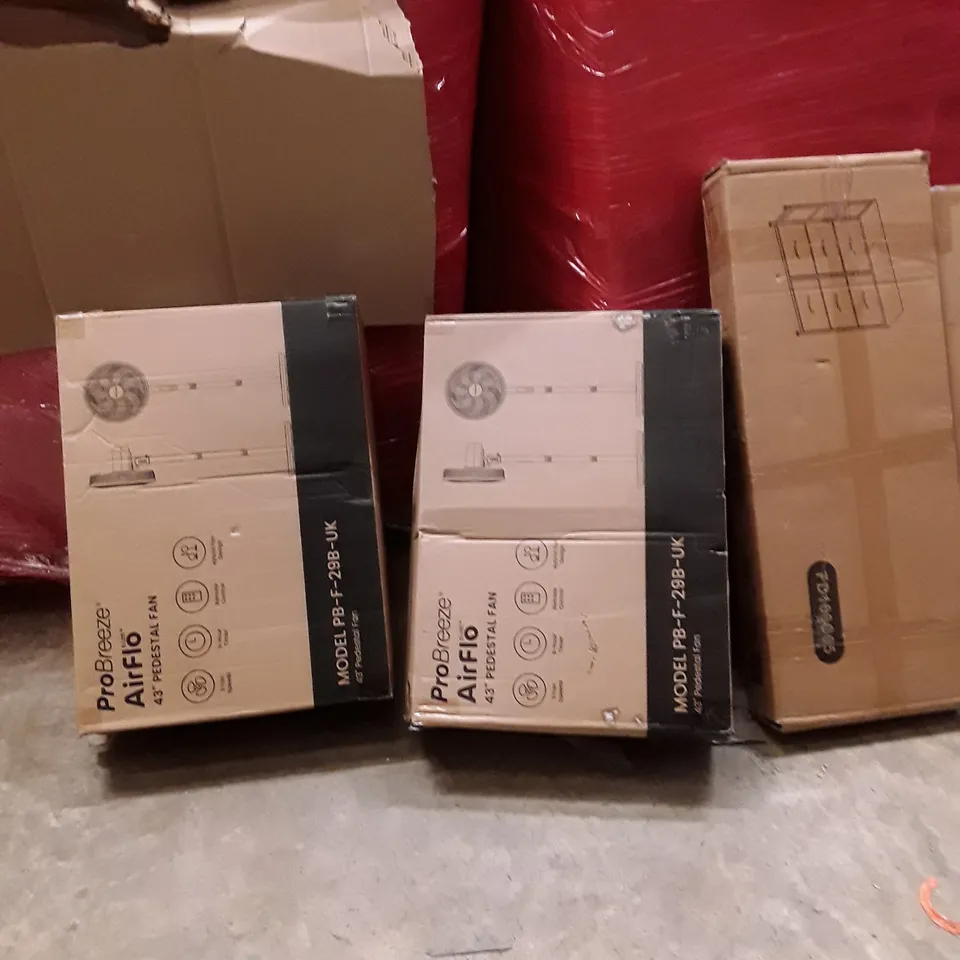 PALLET OF ASSORTED HOUSEHOLD GOODS AND PRODUCTS TO INCLUDE; PRO BREEZE FANS, DRAWERS, COOLER, BOXED FURNITURE ETC