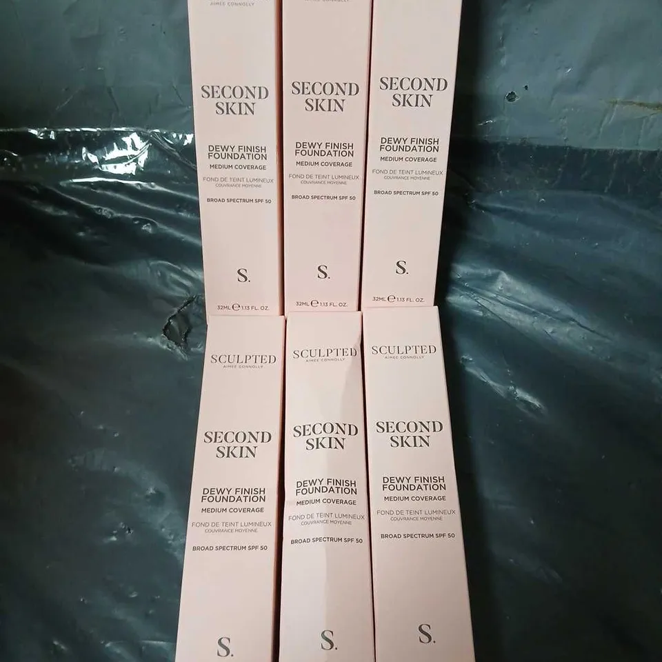 6 BOXED SCULPTED AIMEE CONNOLLY SECOND SKIN DEW FINISH FOUNDATIONS IN TAN PLUS 5.5 (6X32ML)