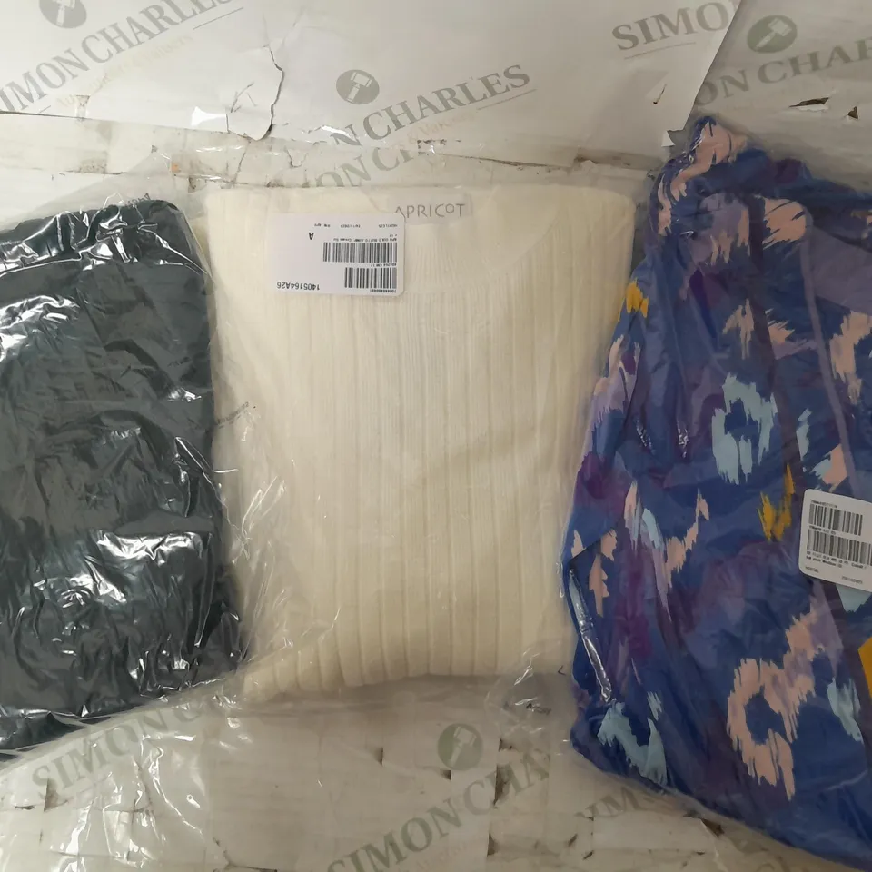 A SELECTION OF 10 ITEMS OF CLOTHING TO INCLUDE A WHITE APRICOT JUMPER A DARK GREEN TOP, AND A COLOURFUL DRESS BY BRENDA EDWARDS