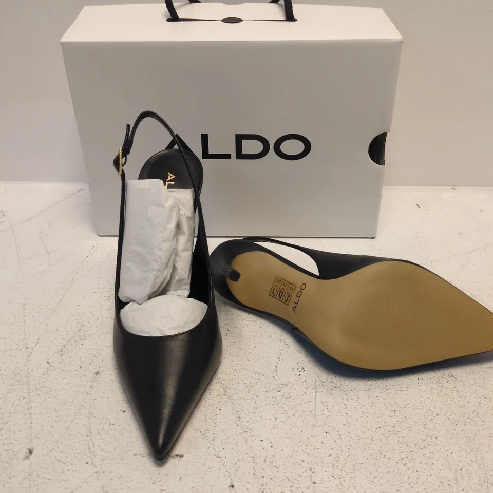 ALDO BLACK LEATHER HIGH HEEL PUMP WITH BUCKLED SLINGBACK – WOMEN'S, BOXED