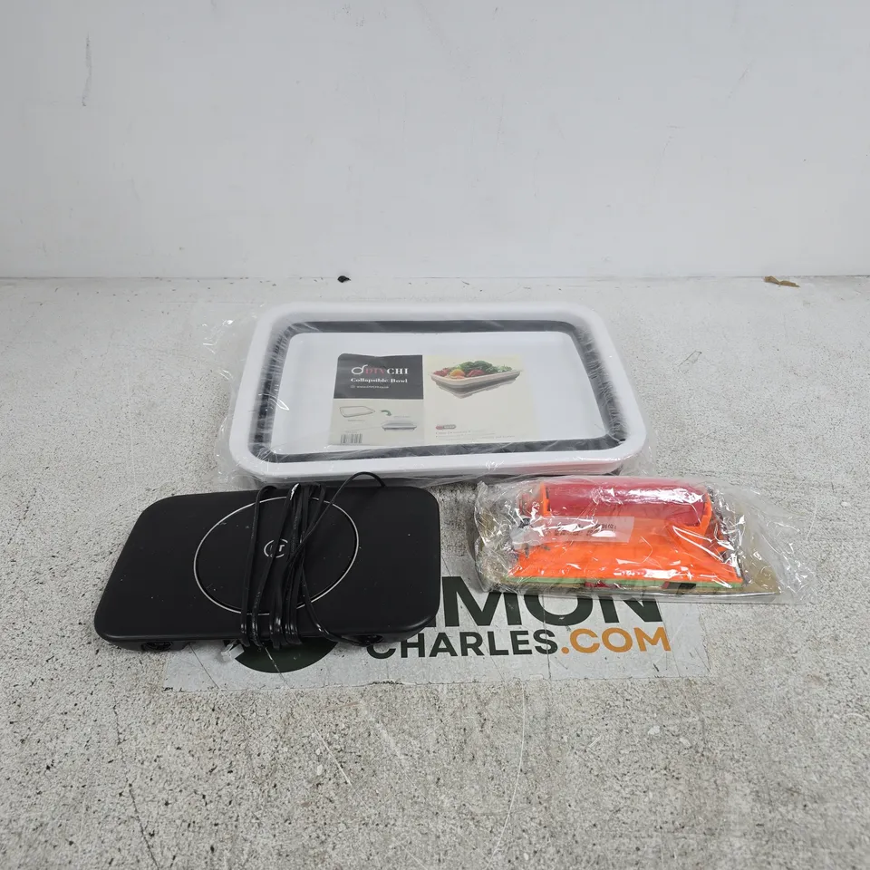 BOX OF APPROXIMATELY 20 ASSORTED HOUSEHOLD ITEMS TO INCLUDE DIV CHI COLLAPSIBLE BOWL, BT ROUTER, SANDER ETC
